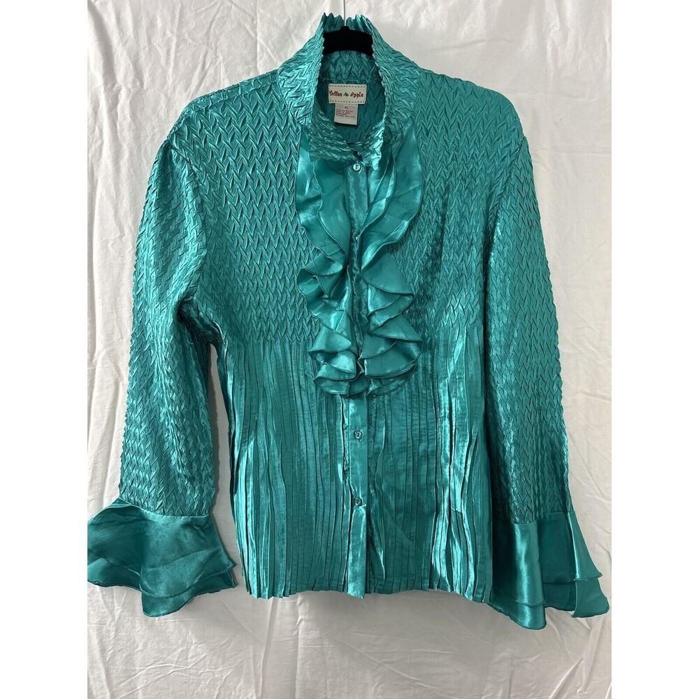 Toffee Apple Green Satiny Crinkle Bell Sleeve Stretch Button‎ Down Top Sz XL